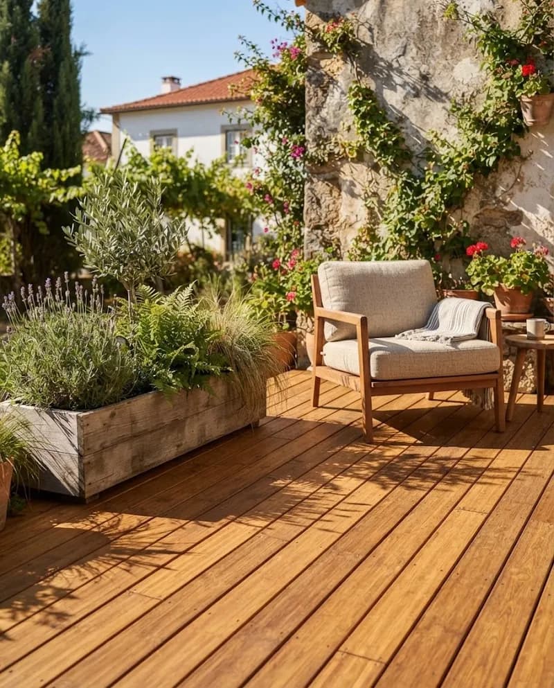 Deck de bambu num pátio ao sol
