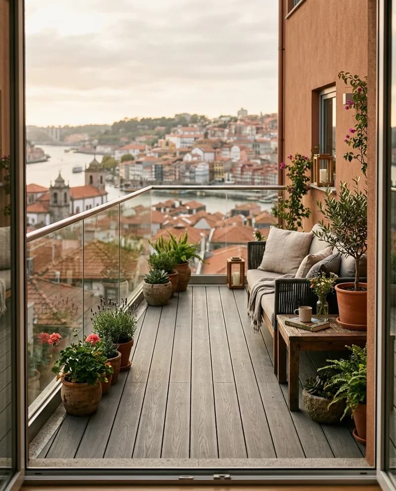 Deck compósito cinzento num terraço