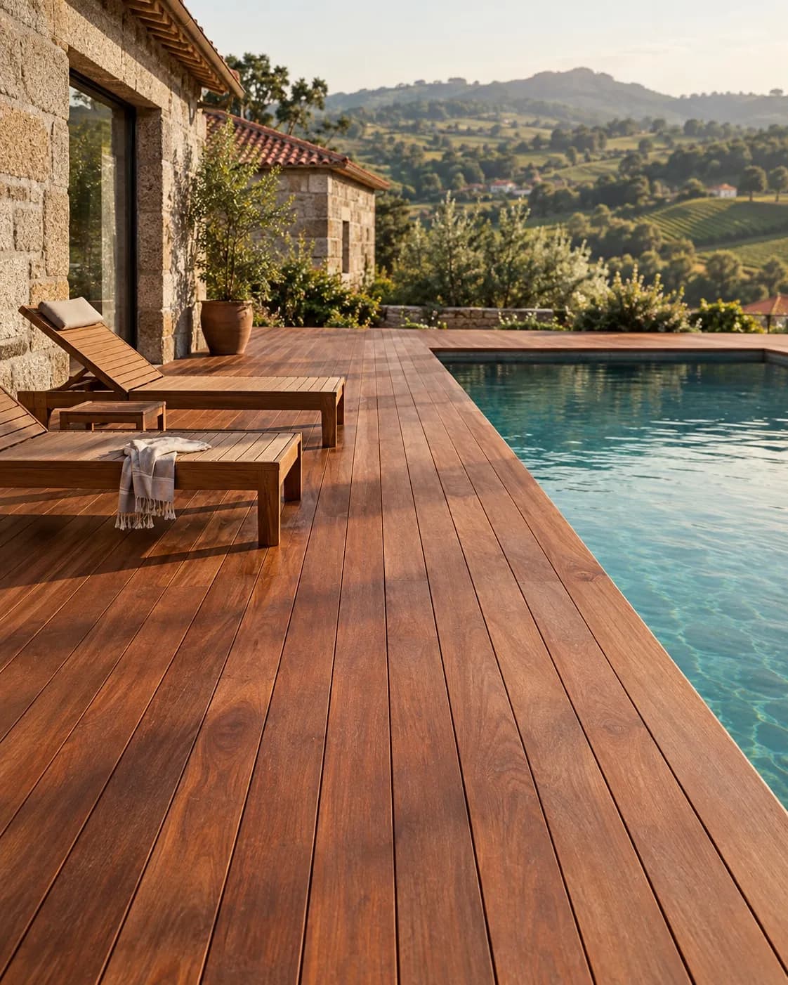 Deck de ipê à volta de uma piscina num terraço ao sol