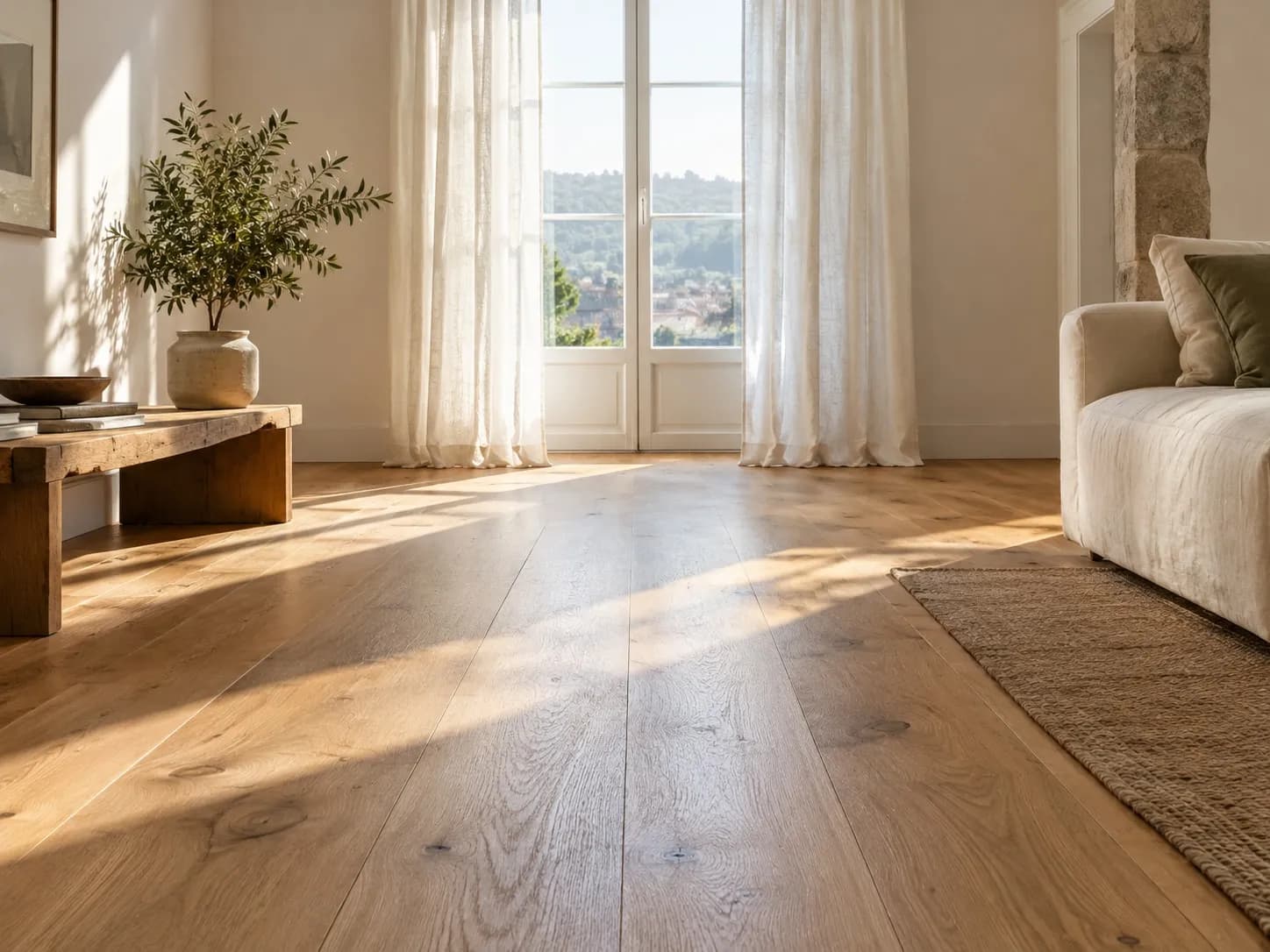 Soalho maciço de carvalho numa sala luminosa